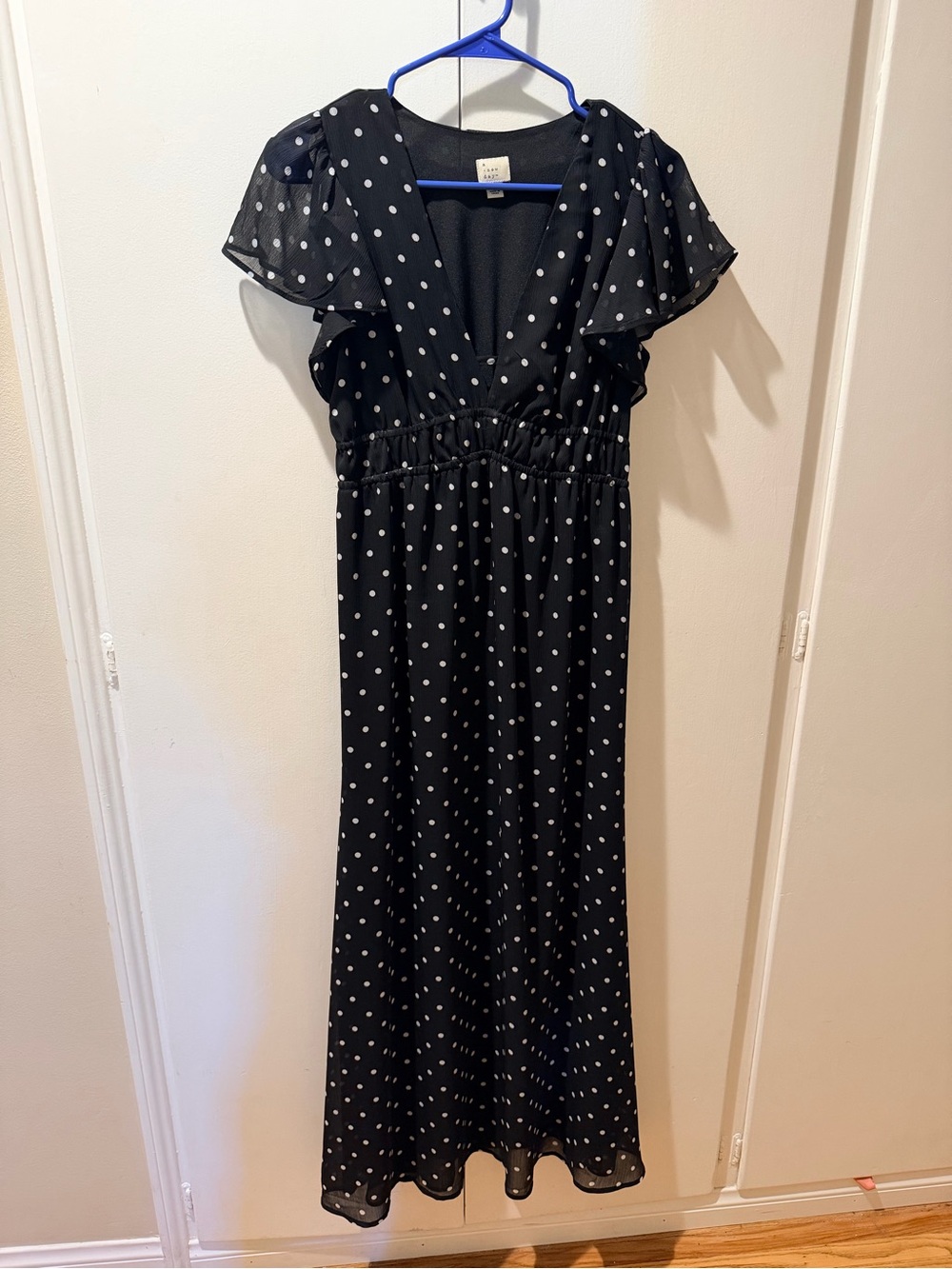 a new day Black and White Polka Dot Maxi Dress with Flutter Sleeves